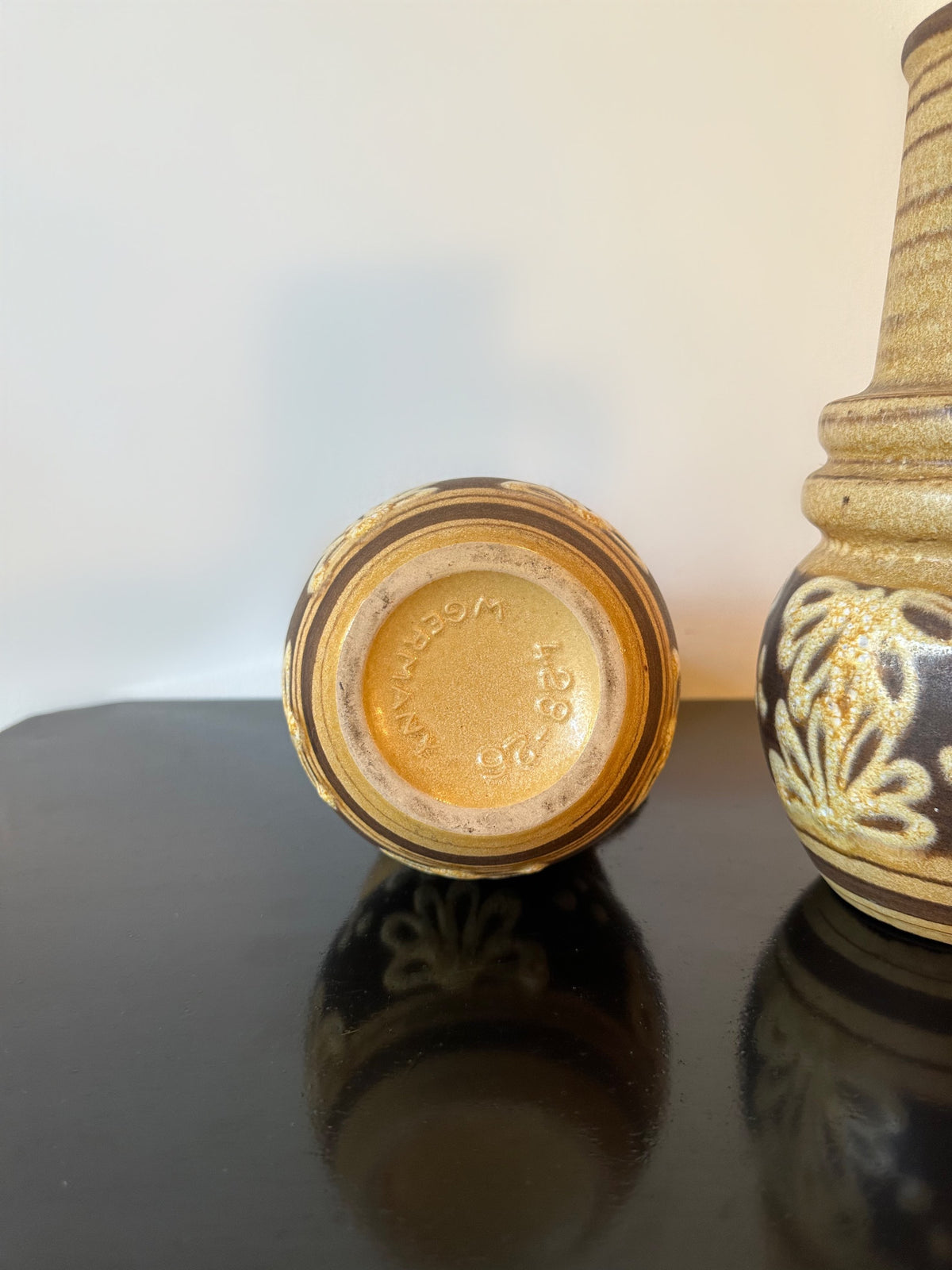 West German Scheurich Medium Handled Vase 428 26: Brown & Cream With Flowers image 5