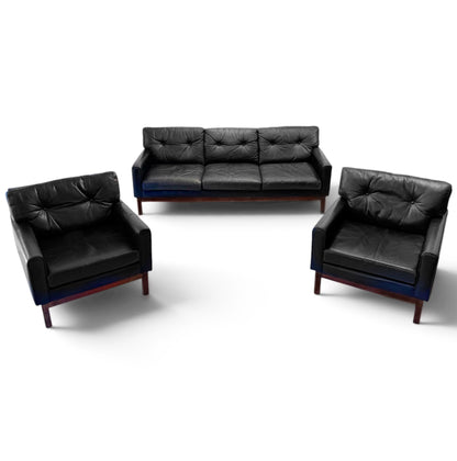 Leather & Rosewood Sofa Suite Consisting of Two Armchairs & 3-Seat Sofa, Pek-Oy for ASKO Finland, 1960