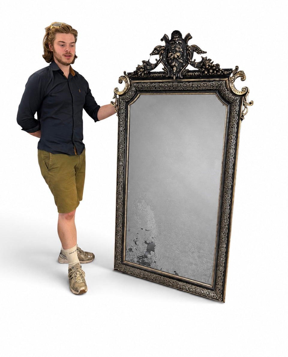 Gothic Antique Victorian mirror with Silver leaf Inlay over Black Gesso Frame image 2