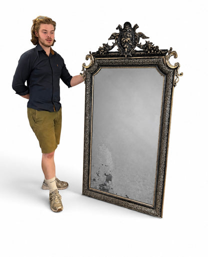 Gothic Antique Victorian mirror with Silver leaf Inlay over Black Gesso Frame image 2