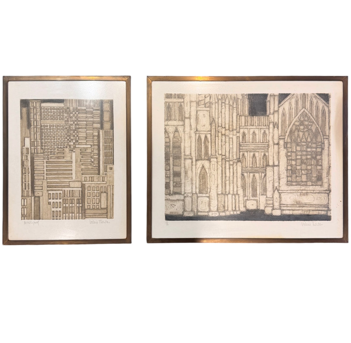 Original Pair of Architectural Etchings By Valerie Thornton In Brass Frames,1960 image 0