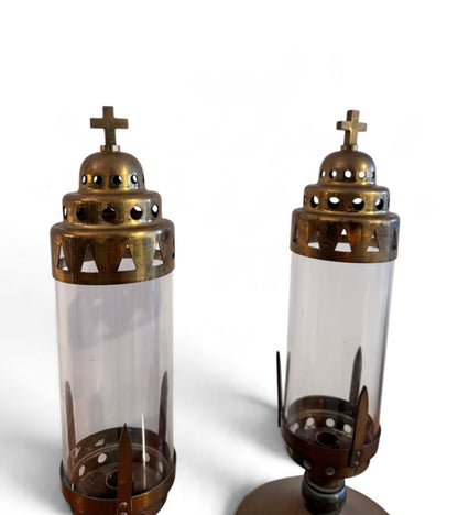 Pair of Antique Brass and Glass Ecclesiastical Candle Lanterns