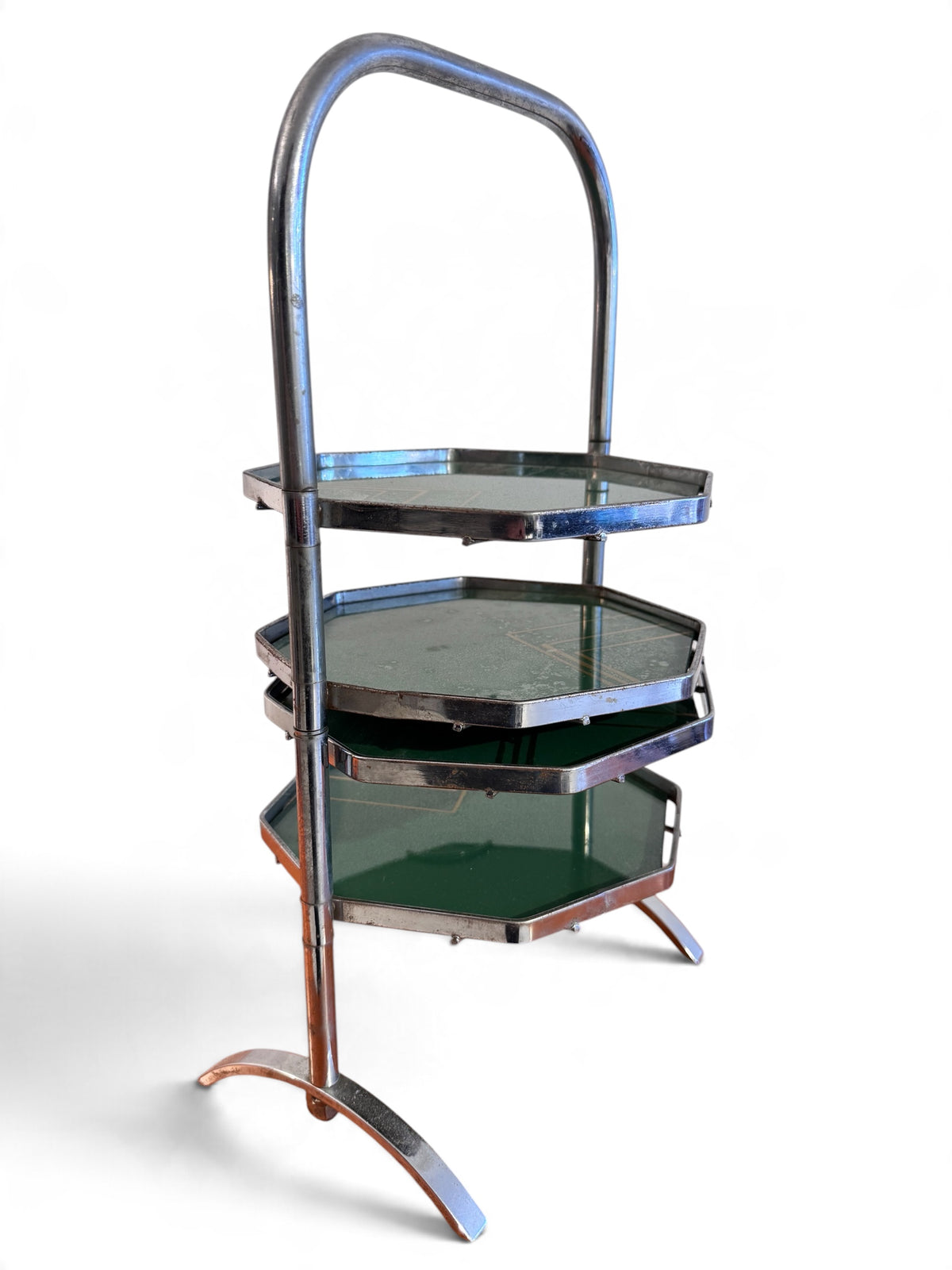 Art Deco Articulated Hand Painted Glass Cake Stand with Chrome, 1930