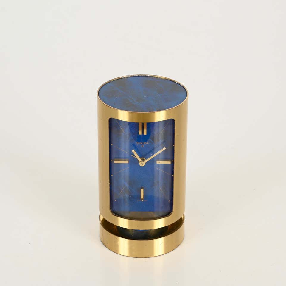 Mid-Century Swiss Gilt Brass & Lapis Lazuli Swiza 8 Day Alarm Clock, 1960s