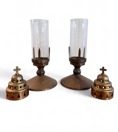 Pair of Antique Brass and Glass Ecclesiastical Candle Lanterns