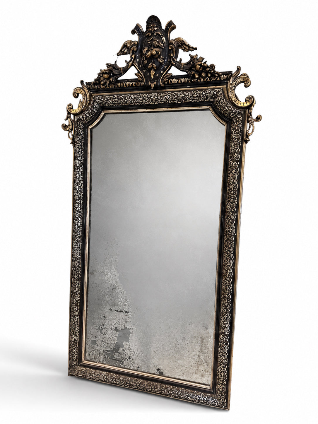 Gothic Antique Victorian mirror with Silver leaf Inlay over Black Gesso Frame image 0