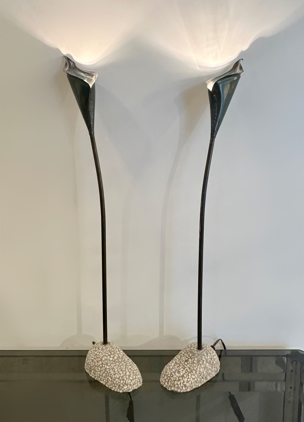 Pair of Spanish Bronze Lilly shaped Lamps with Stone bases, 1980 image 0