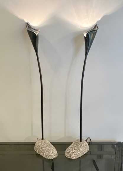 Pair of Spanish Bronze Lilly shaped Lamps with Stone bases, 1980 image 0
