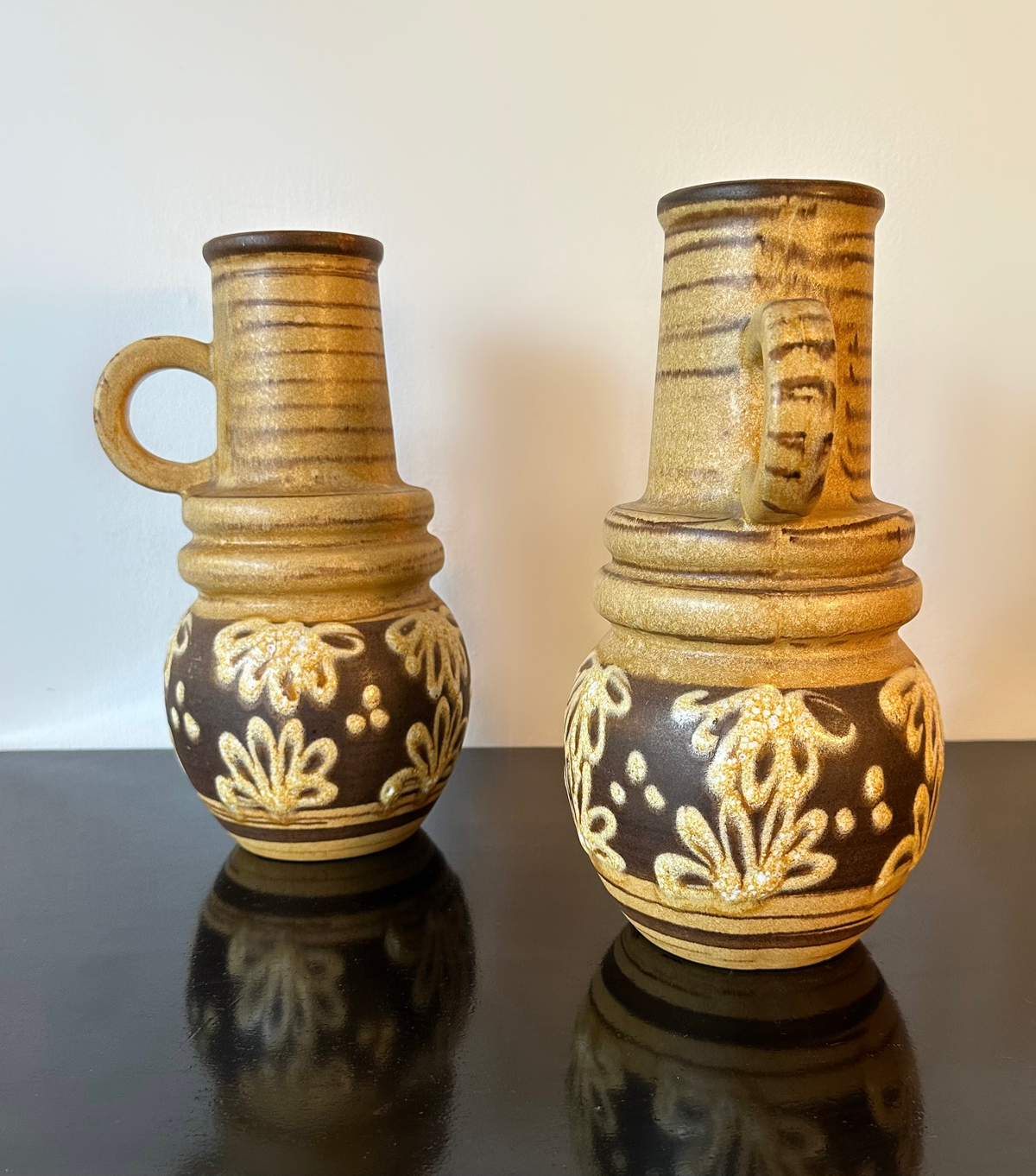 West German Scheurich Medium Handled Vase 428 26: Brown & Cream With Flowers image 1