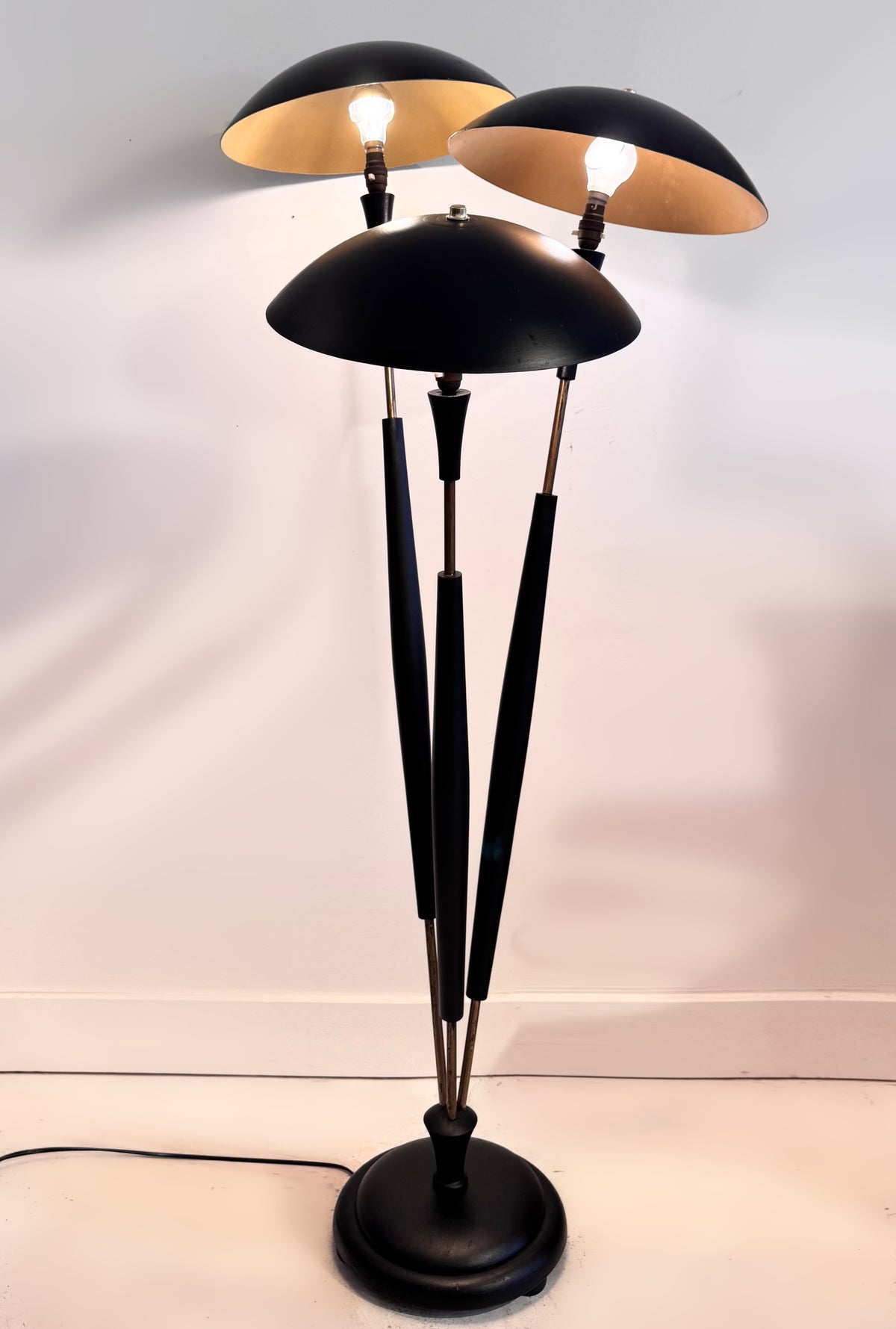 Original Tri-light Designed by Gerald Thurston for Lightolier Italy, Brass & Black Beech, 1954