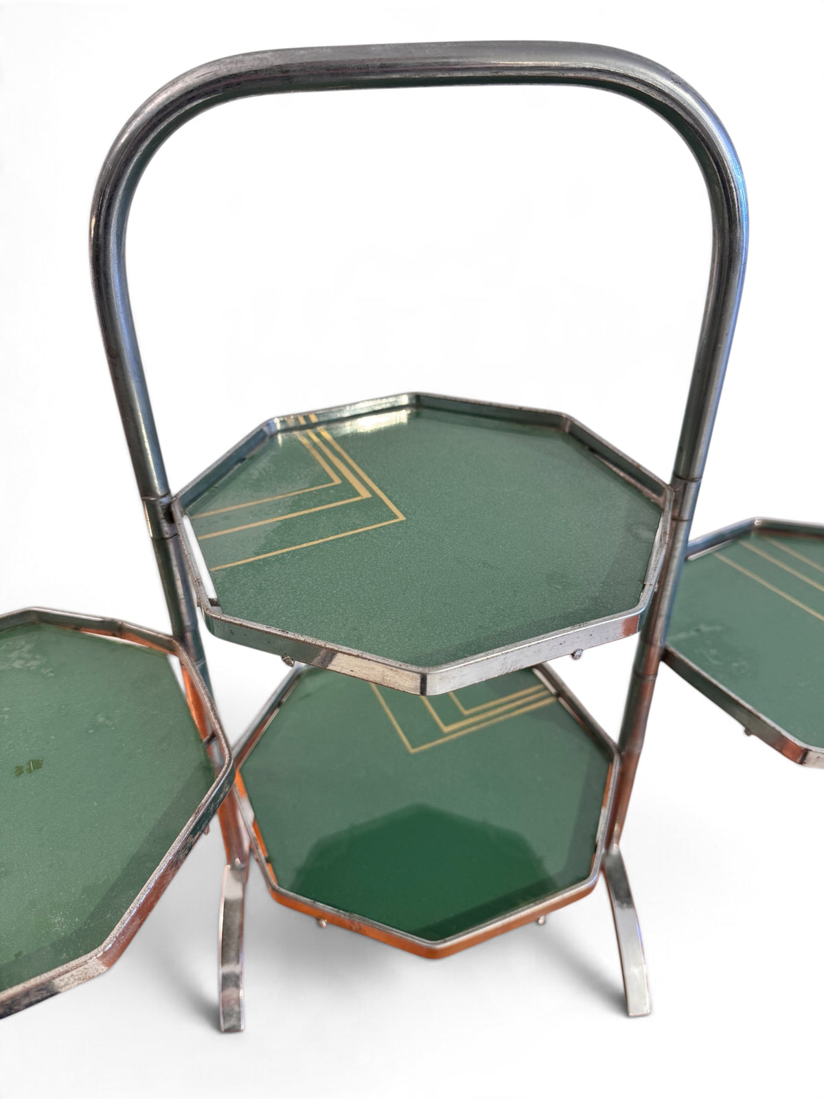 Art Deco Articulated Hand Painted Glass Cake Stand with Chrome, 1930