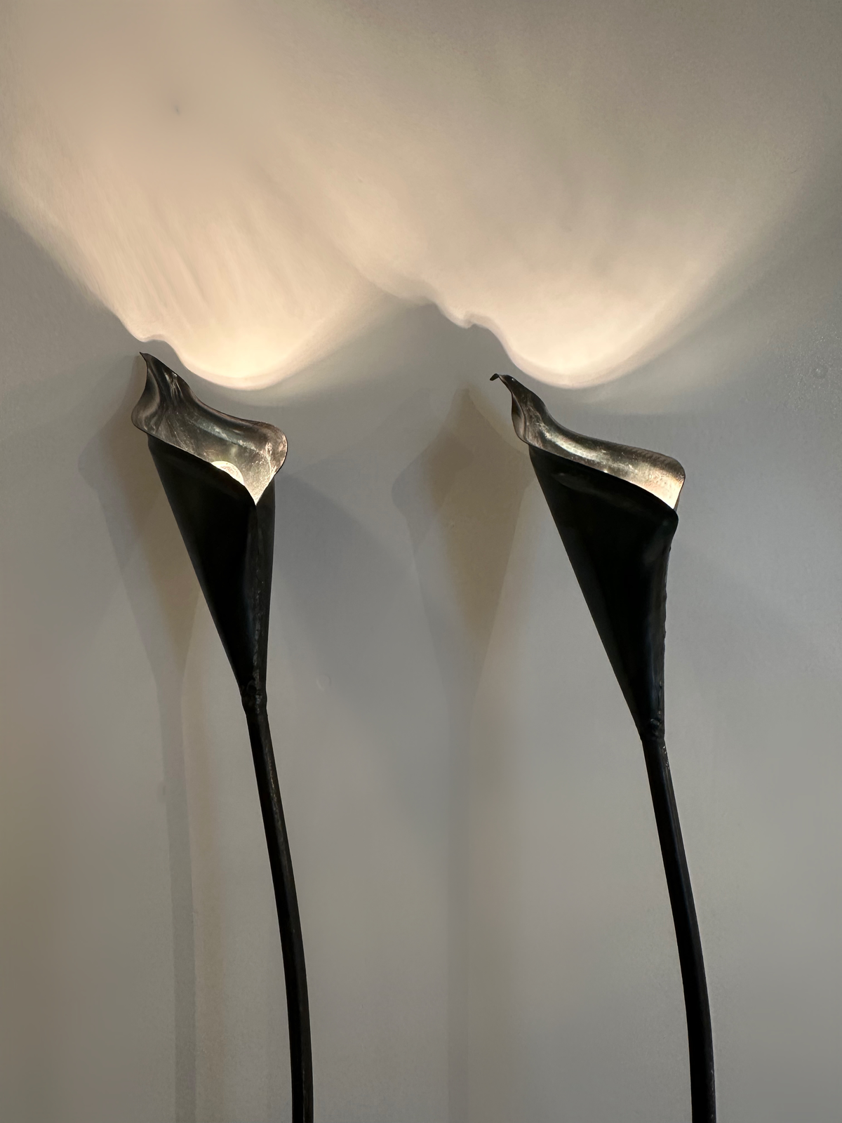 Pair of Spanish Bronze Lilly shaped Lamps with Stone bases, 1980 image 4
