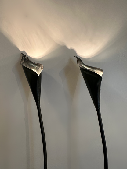 Pair of Spanish Bronze Lilly shaped Lamps with Stone bases, 1980 image 4