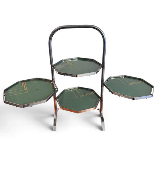 Art Deco Articulated Hand Painted Glass Cake Stand with Chrome, 1930