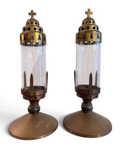 Pair of Antique Brass and Glass Ecclesiastical Candle Lanterns