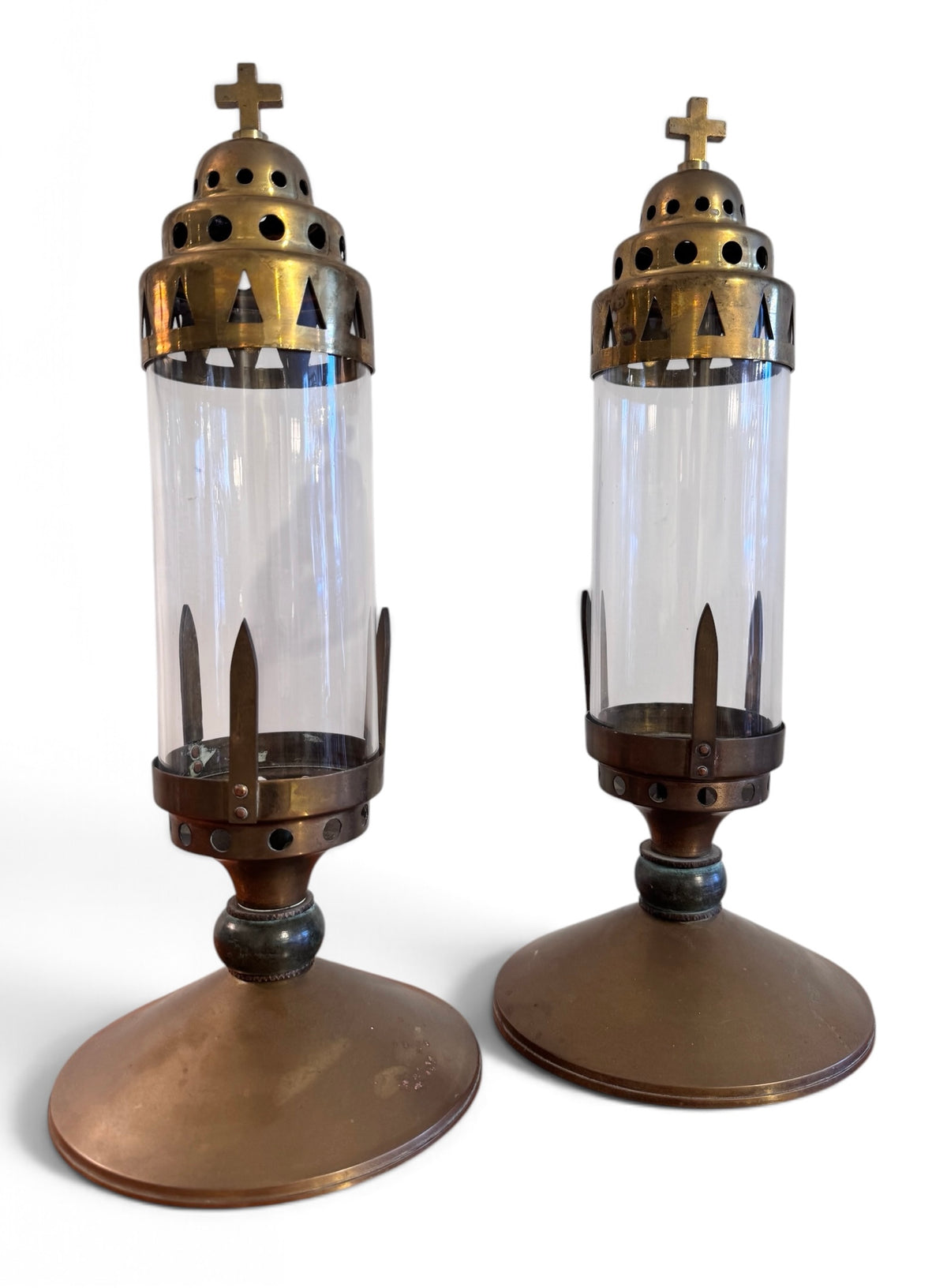 Pair of Antique Brass and Glass Ecclesiastical Candle Lanterns