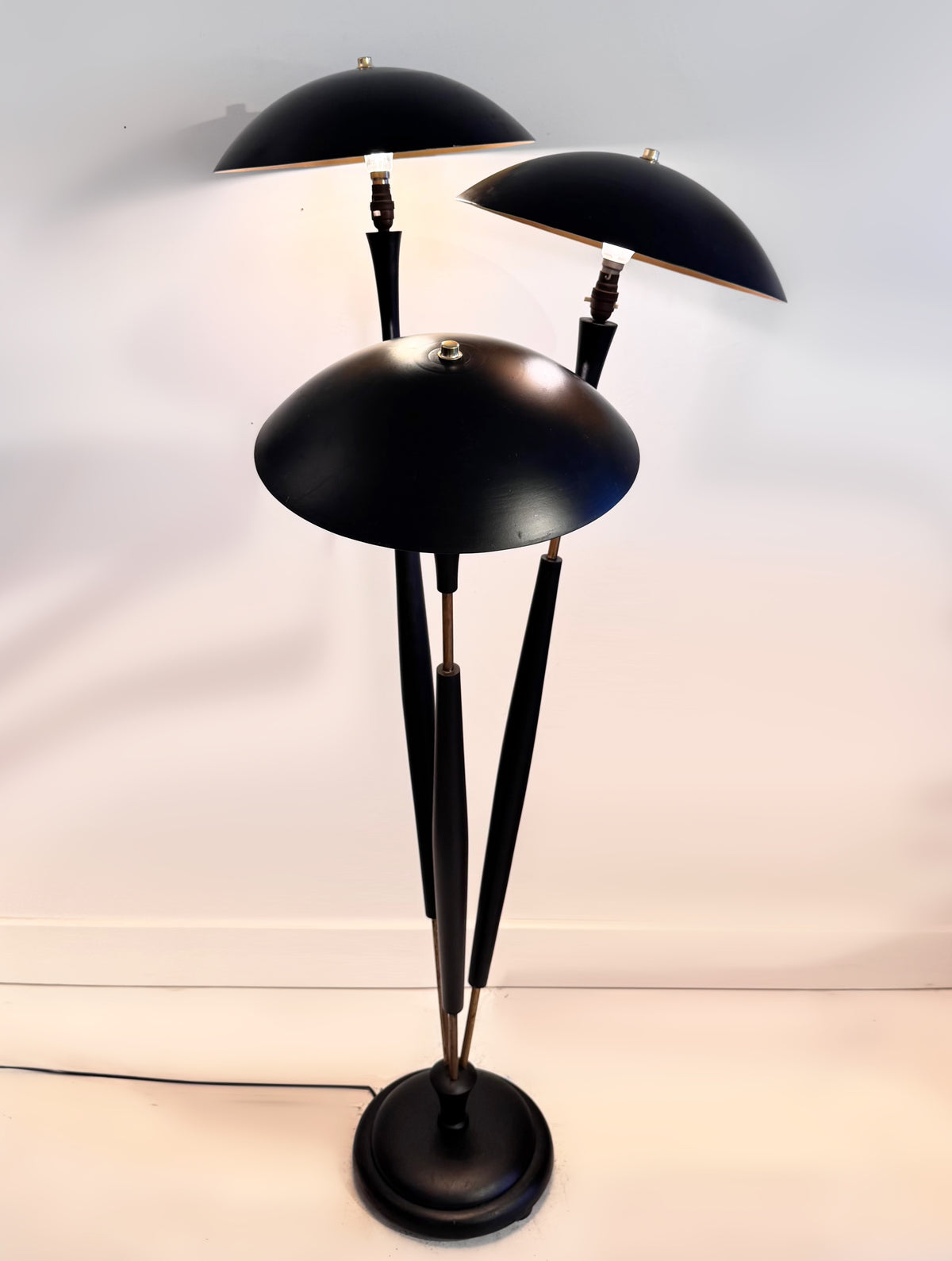 Original Tri-light Designed by Gerald Thurston for Lightolier Italy, Brass & Black Beech, 1954