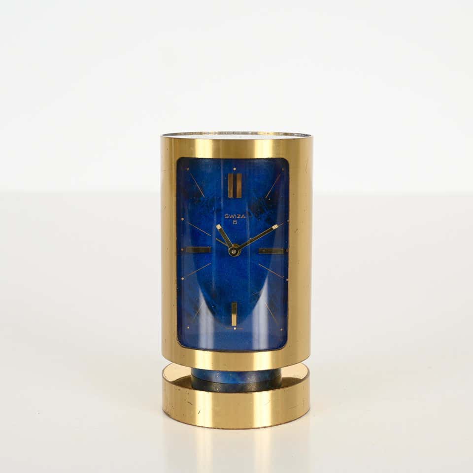 Mid-Century Swiss Gilt Brass & Lapis Lazuli Swiza 8 Day Alarm Clock, 1960s