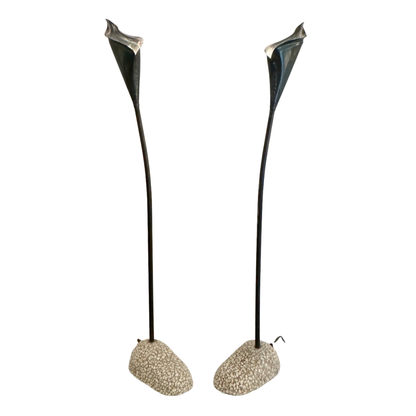 Pair of Spanish Bronze Lilly shaped Lamps with Stone bases, 1980