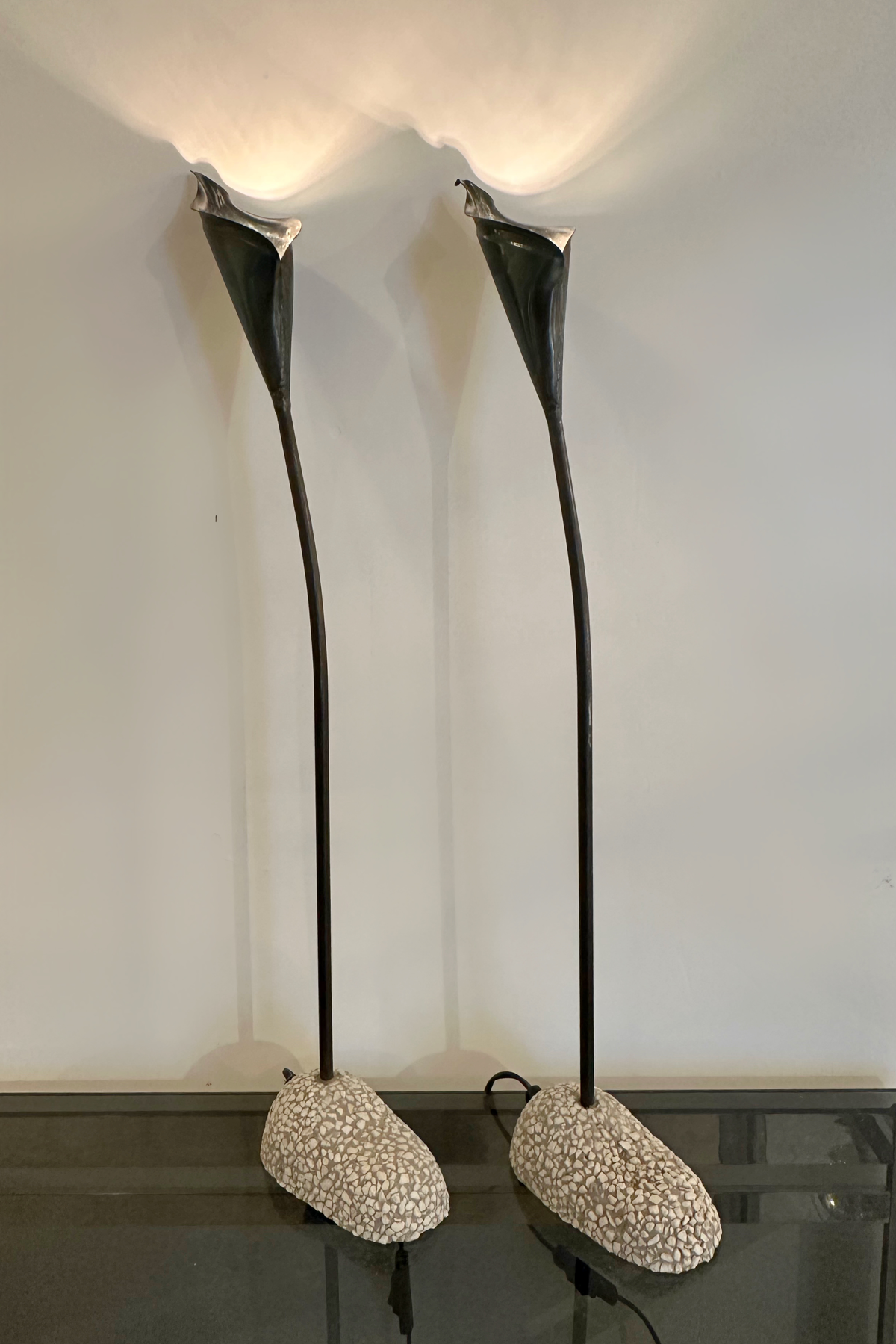 Pair of Spanish Bronze Lilly shaped Lamps with Stone bases, 1980 image 3