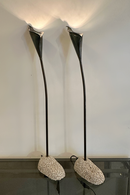 Pair of Spanish Bronze Lilly shaped Lamps with Stone bases, 1980 image 3