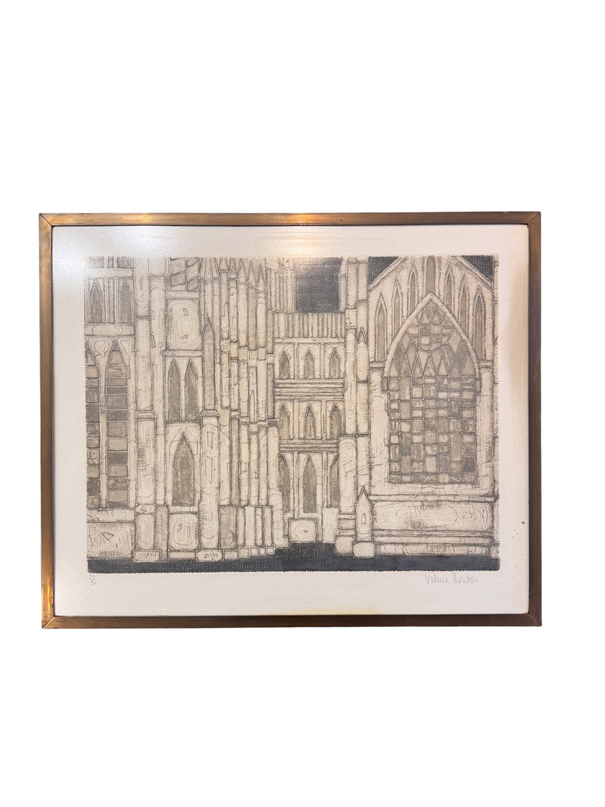 Original Pair of Architectural Etchings By Valerie Thornton In Brass Frames,1960 image 1