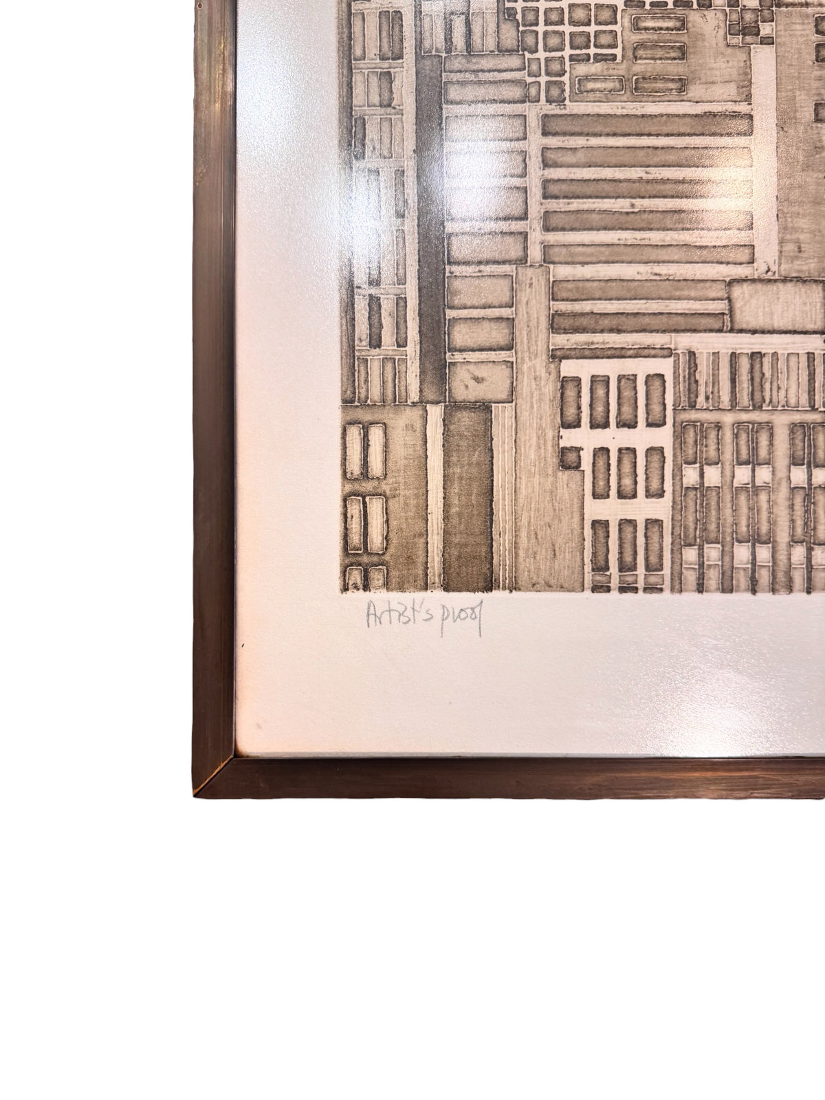 Original Pair of Architectural Etchings By Valerie Thornton In Brass Frames,1960 image 7