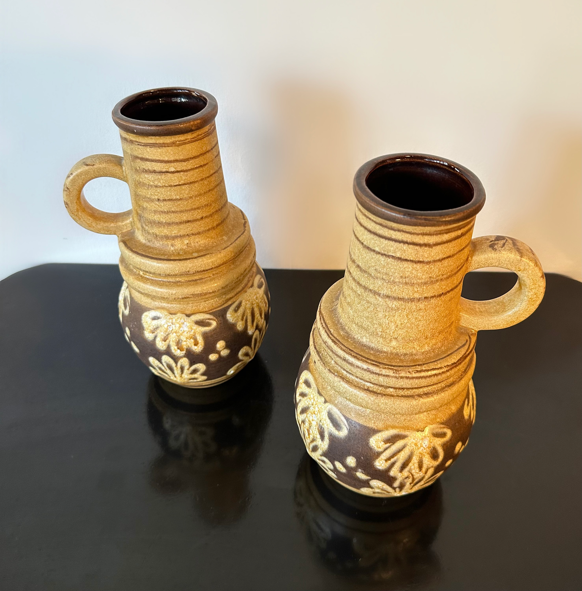 West German Scheurich Medium Handled Vase 428 26: Brown & Cream With Flowers image 4