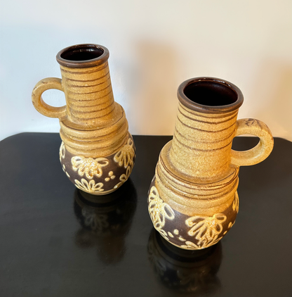 West German Scheurich Medium Handled Vase 428 26: Brown & Cream With Flowers image 4