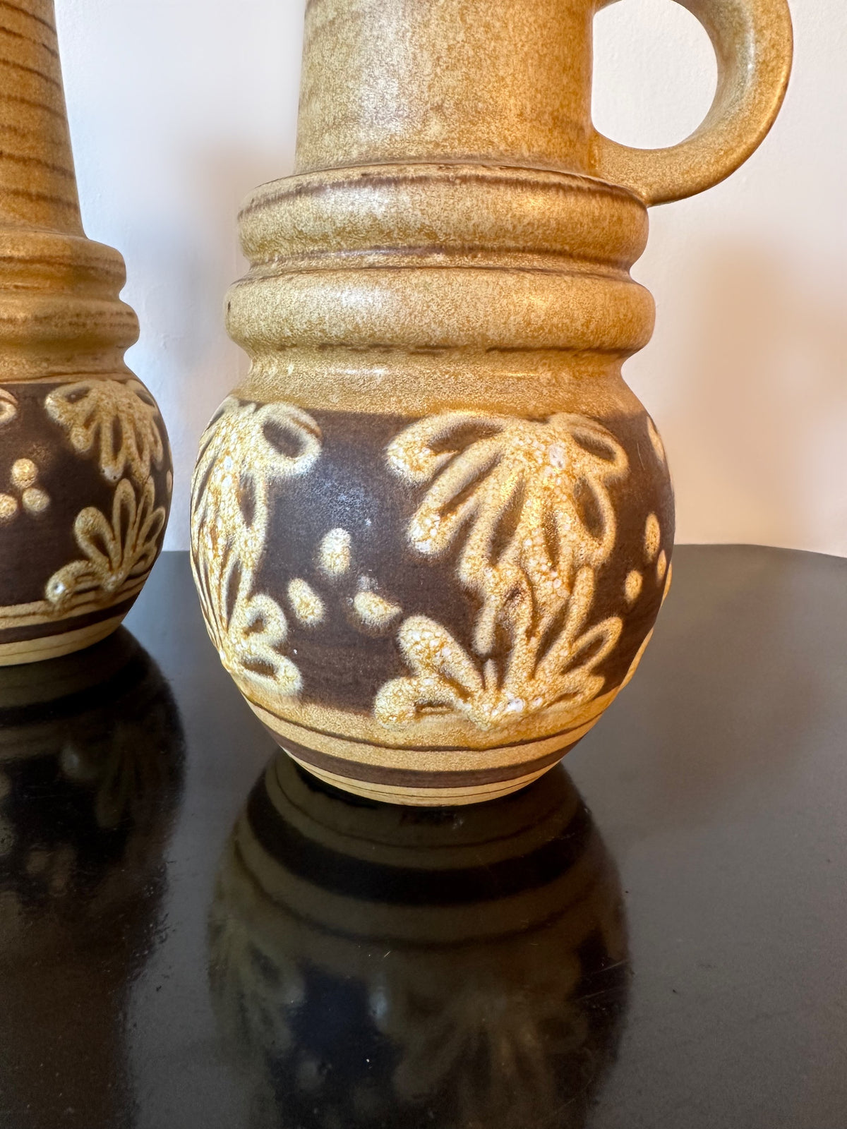West German Scheurich Medium Handled Vase 428 26: Brown & Cream With Flowers image 2