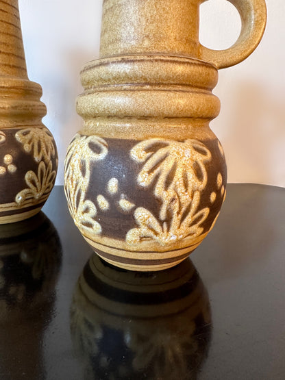 West German Scheurich Medium Handled Vase 428 26: Brown & Cream With Flowers image 2