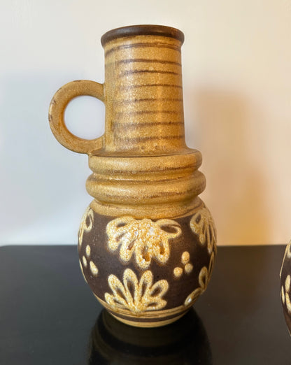 West German Scheurich Medium Handled Vase 428 26: Brown & Cream With Flowers image 3