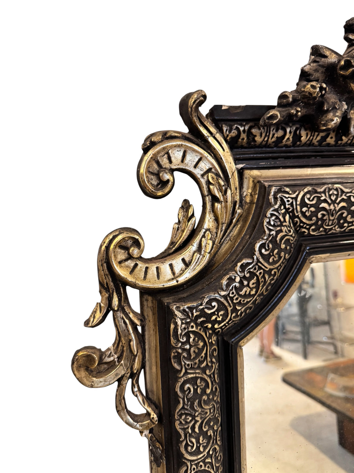 Gothic Antique Victorian mirror with Silver leaf Inlay over Black Gesso Frame image 5