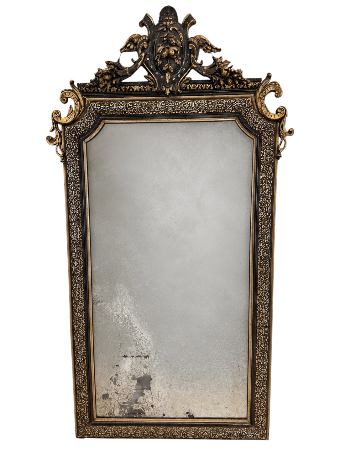 Gothic Antique Victorian mirror with Silver leaf Inlay over Black Gesso Frame image 1